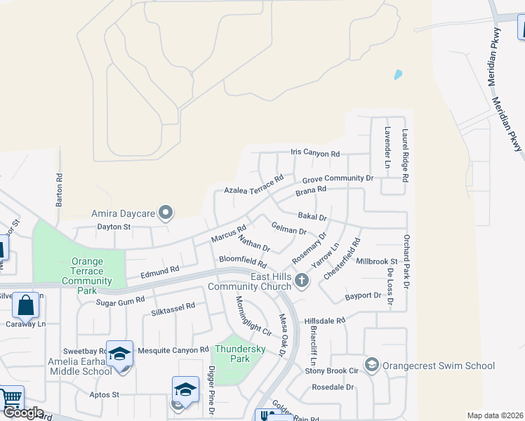 map of restaurants, bars, coffee shops, grocery stores, and more near 20596 Gelman Drive in Riverside