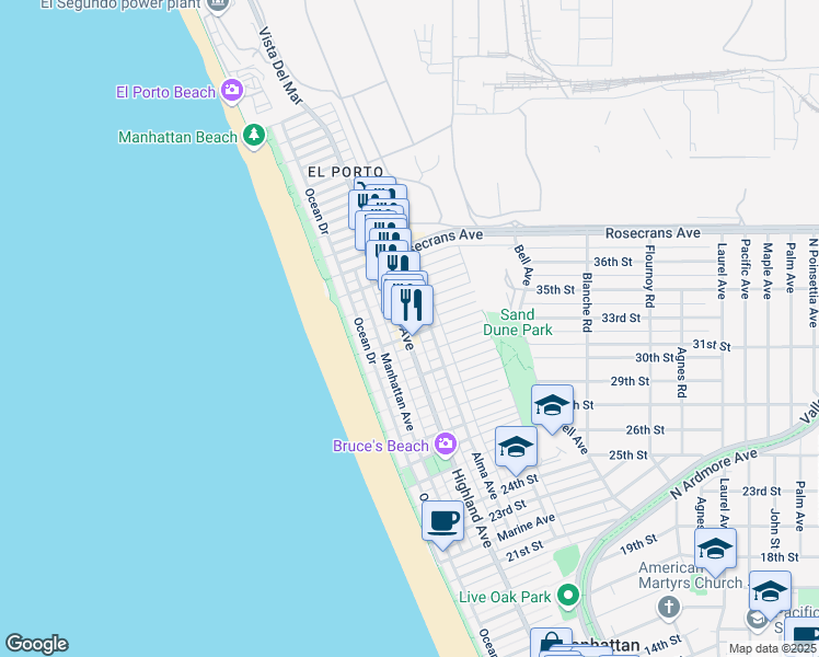 map of restaurants, bars, coffee shops, grocery stores, and more near 320 33rd Street in Manhattan Beach
