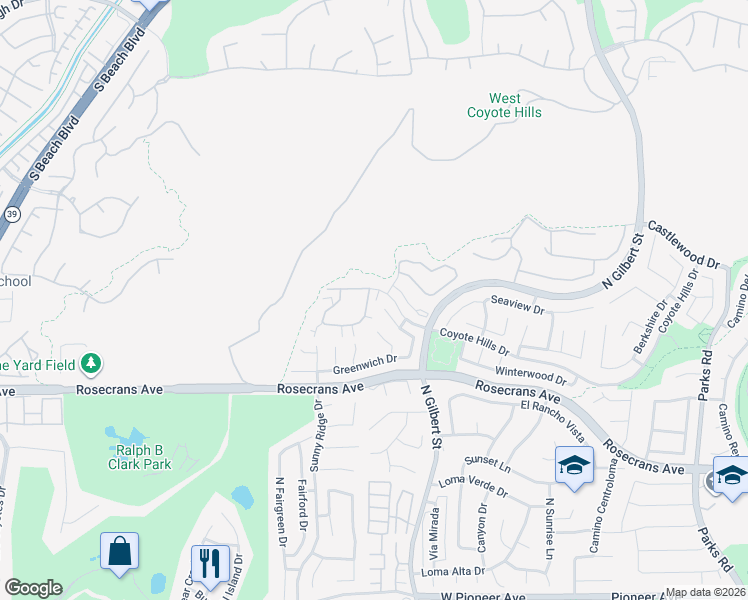 map of restaurants, bars, coffee shops, grocery stores, and more near 2300 Coventry Circle in Fullerton