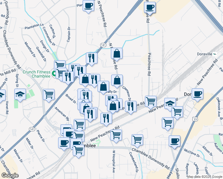 map of restaurants, bars, coffee shops, grocery stores, and more near 2261 Tally Drive in Chamblee