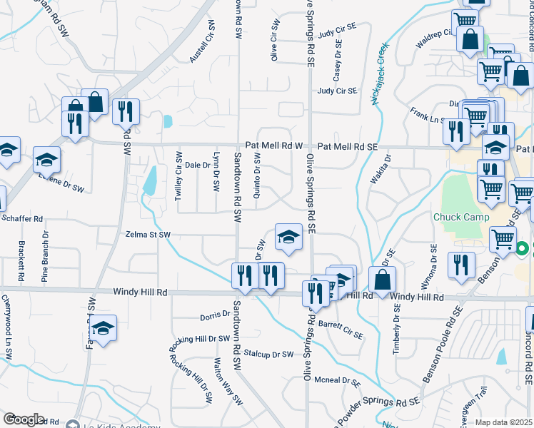map of restaurants, bars, coffee shops, grocery stores, and more near 2245 Panstone Drive Southwest in Marietta