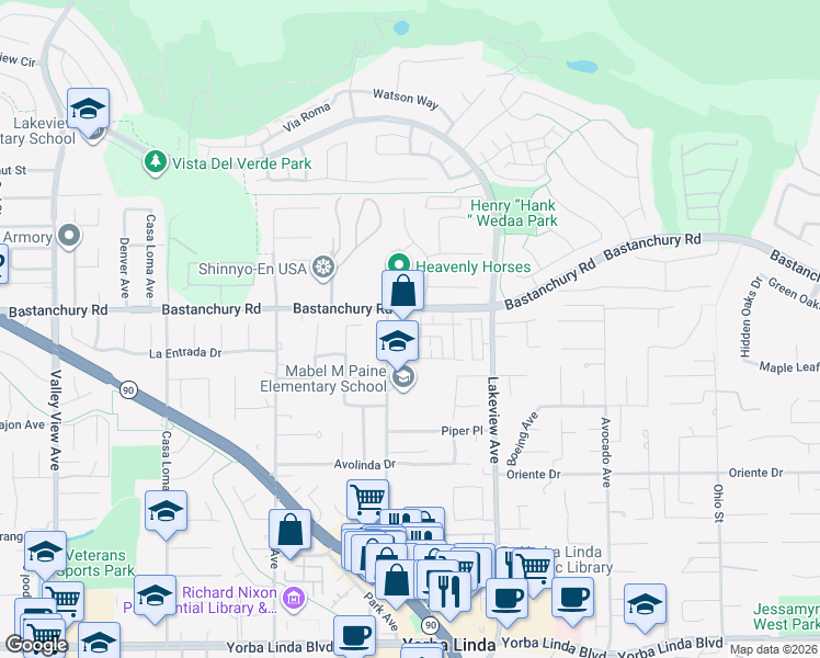 map of restaurants, bars, coffee shops, grocery stores, and more near 4310 Poppy Lane in Yorba Linda