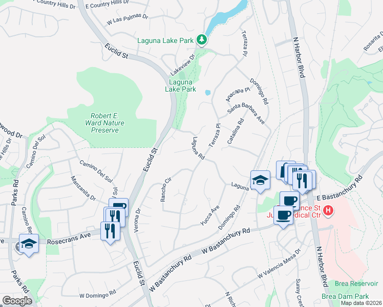 map of restaurants, bars, coffee shops, grocery stores, and more near 900 Paloma Place in Fullerton