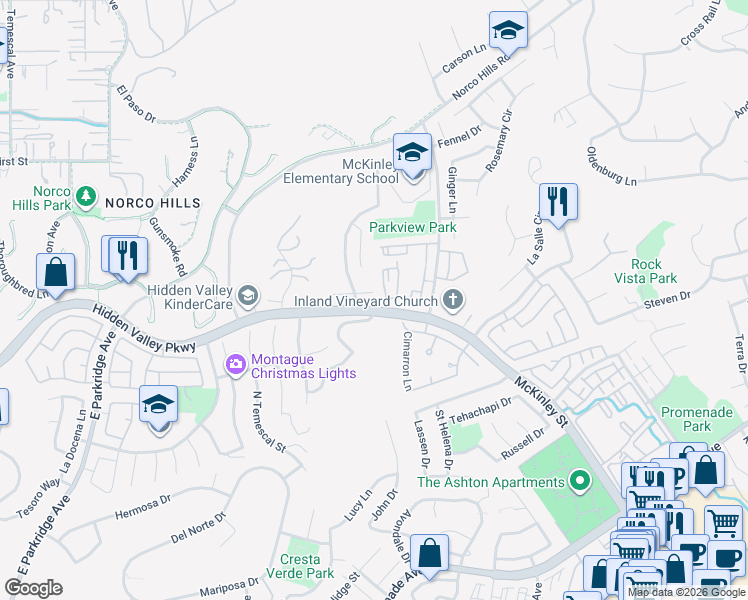 map of restaurants, bars, coffee shops, grocery stores, and more near 1946 Madera Circle in Corona