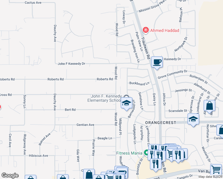 map of restaurants, bars, coffee shops, grocery stores, and more near 15209 Wood Road in Riverside