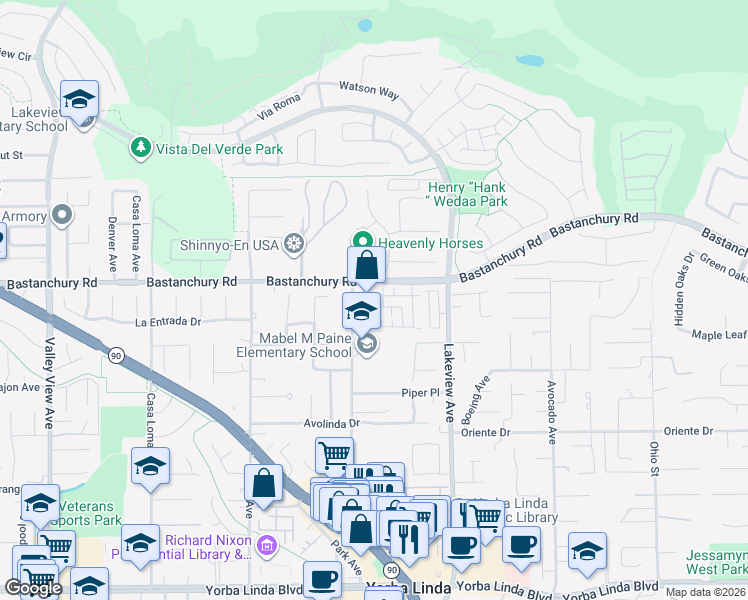 map of restaurants, bars, coffee shops, grocery stores, and more near 4310 Poppy Lane in Yorba Linda