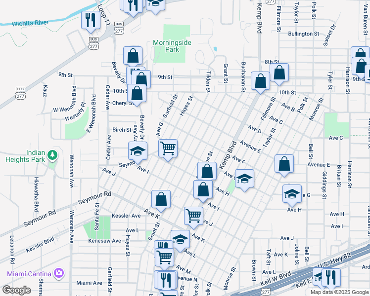 map of restaurants, bars, coffee shops, grocery stores, and more near 1615 Tilden Street in Wichita Falls