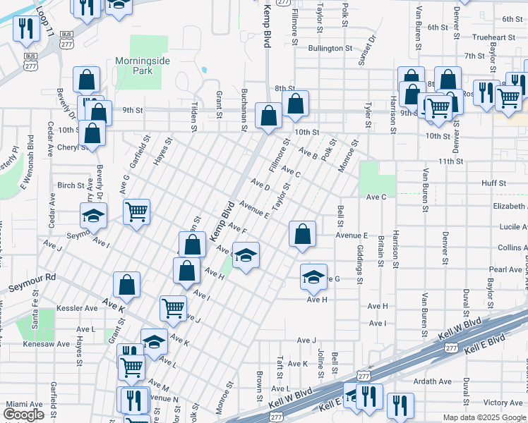 map of restaurants, bars, coffee shops, grocery stores, and more near 2405 Avenue E in Wichita Falls