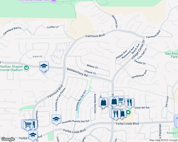 map of restaurants, bars, coffee shops, grocery stores, and more near 20255 Chianti Court in Yorba Linda