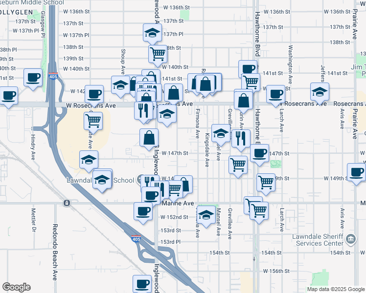 map of restaurants, bars, coffee shops, grocery stores, and more near 4637 West 147th Street in Lawndale