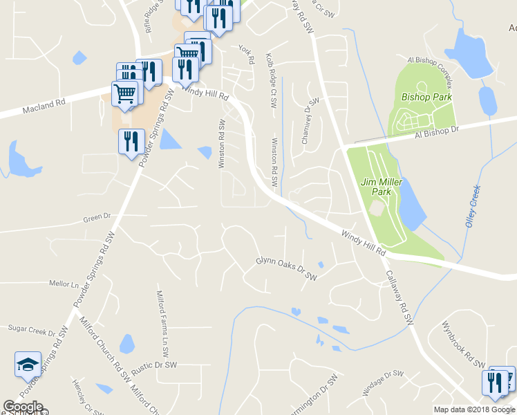map of restaurants, bars, coffee shops, grocery stores, and more near 378 Winston Road Southwest in Marietta