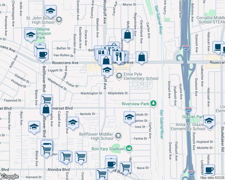 map of restaurants, bars, coffee shops, grocery stores, and more near 10241 Mapledale Street in Bellflower