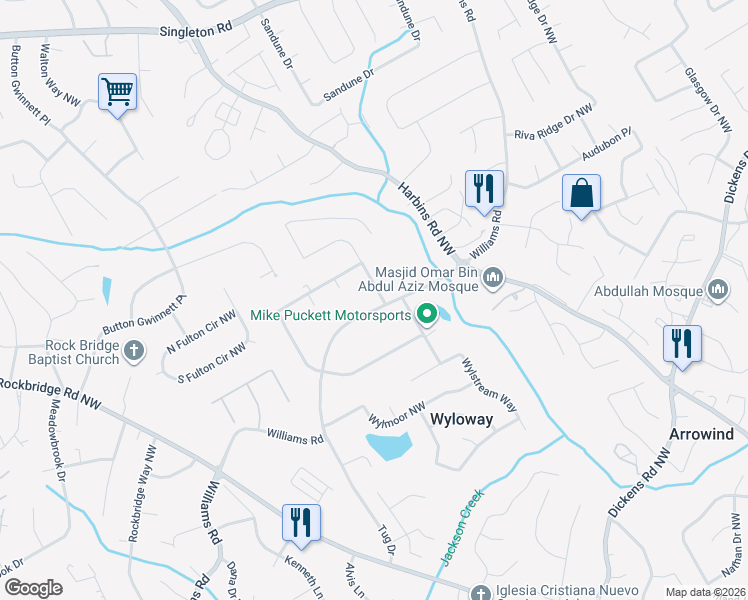 map of restaurants, bars, coffee shops, grocery stores, and more near 5581 Williams Road in Norcross