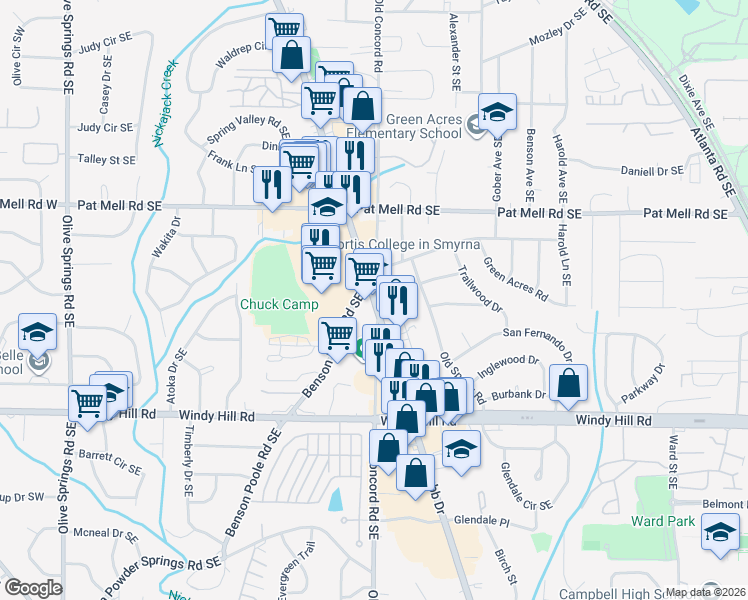 map of restaurants, bars, coffee shops, grocery stores, and more near 2144 South Cobb Drive Southeast in Smyrna