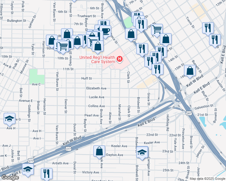 map of restaurants, bars, coffee shops, grocery stores, and more near 1651 Elizabeth Avenue in Wichita Falls