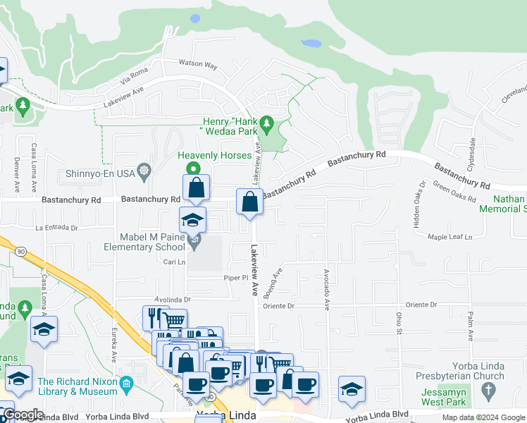 map of restaurants, bars, coffee shops, grocery stores, and more near 18512 Arbor Gate Lane in Yorba Linda