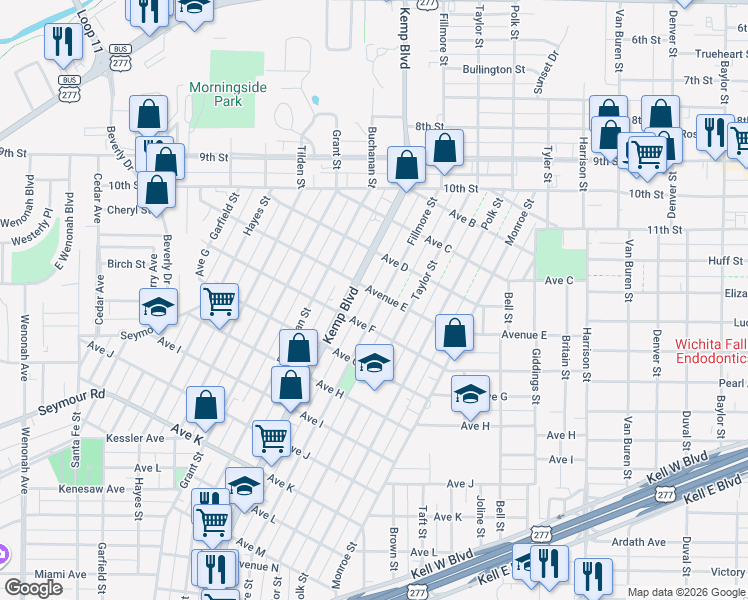 map of restaurants, bars, coffee shops, grocery stores, and more near 1510 Fillmore Street in Wichita Falls