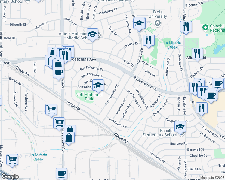 map of restaurants, bars, coffee shops, grocery stores, and more near 14633 Los Fuentes Road in La Mirada
