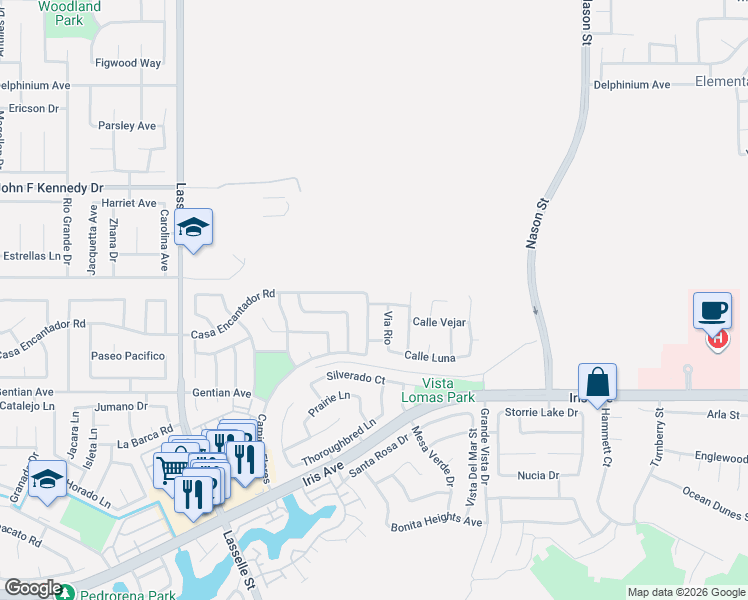 map of restaurants, bars, coffee shops, grocery stores, and more near 15323 Avenida De Portugal in Moreno Valley