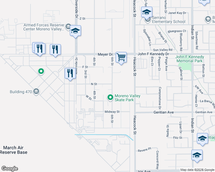 map of restaurants, bars, coffee shops, grocery stores, and more near 15297 6th Street in March Air Reserve Base
