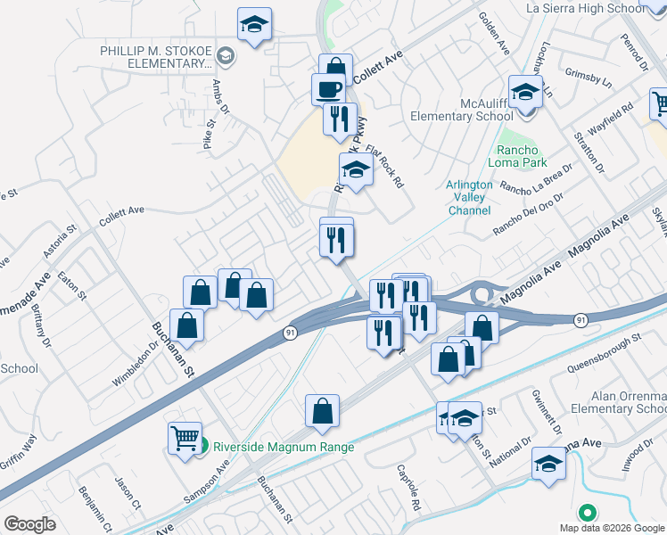 map of restaurants, bars, coffee shops, grocery stores, and more near 3950 Pierce Street in Riverside