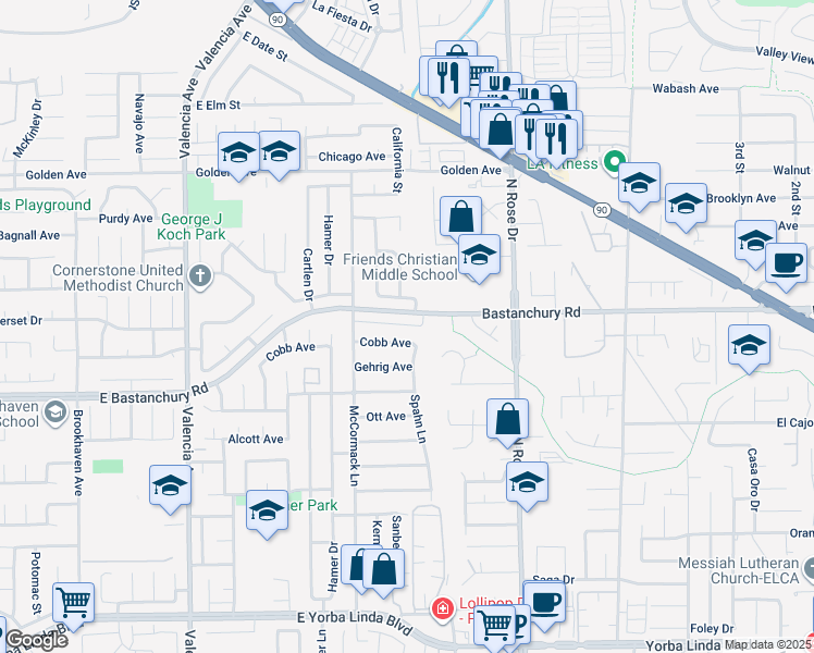 map of restaurants, bars, coffee shops, grocery stores, and more near 1001 Cobb Avenue in Placentia