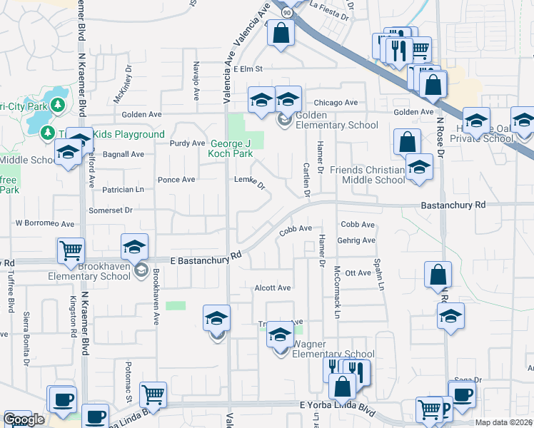 map of restaurants, bars, coffee shops, grocery stores, and more near 706 Longfellow Drive in Placentia