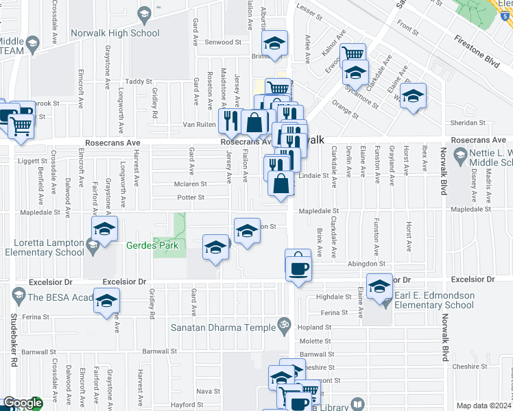 map of restaurants, bars, coffee shops, grocery stores, and more near 11700 Potter Street in Norwalk