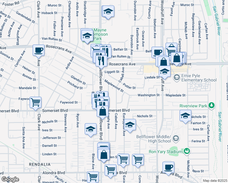 map of restaurants, bars, coffee shops, grocery stores, and more near 14725 Cabell Avenue in Bellflower