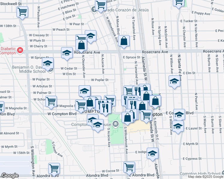 map of restaurants, bars, coffee shops, grocery stores, and more near 400 North Culver Avenue in Compton