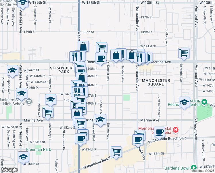 map of restaurants, bars, coffee shops, grocery stores, and more near 14615 Denker Avenue in Gardena