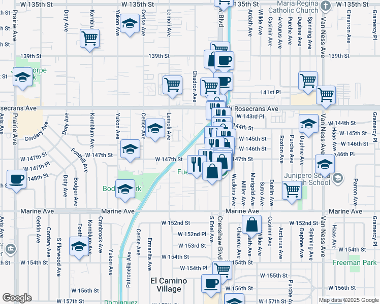 map of restaurants, bars, coffee shops, grocery stores, and more near 3207 West 147th Street in Gardena