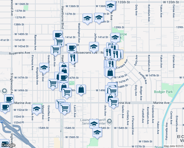 map of restaurants, bars, coffee shops, grocery stores, and more near 4121 West 147th Street in Lawndale