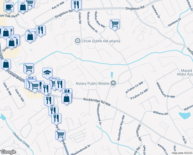 map of restaurants, bars, coffee shops, grocery stores, and more near 1174 Pirkle Road in Norcross