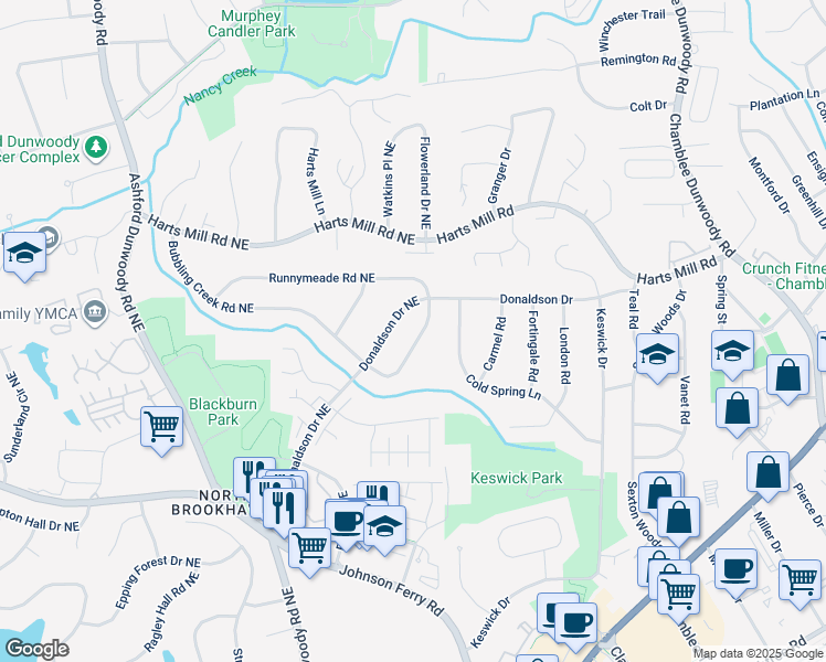 map of restaurants, bars, coffee shops, grocery stores, and more near 3643 Woodstream Circle Northeast in Atlanta