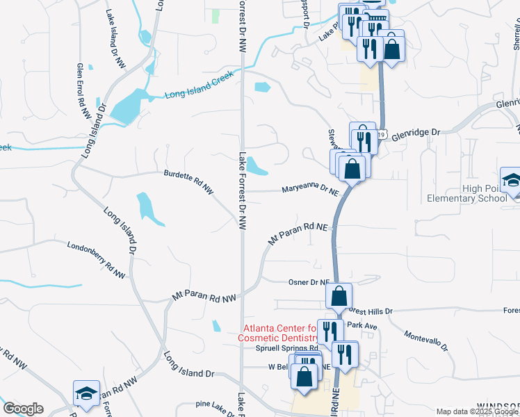 map of restaurants, bars, coffee shops, grocery stores, and more near 5271 Lake Forrest Drive Northwest in Atlanta