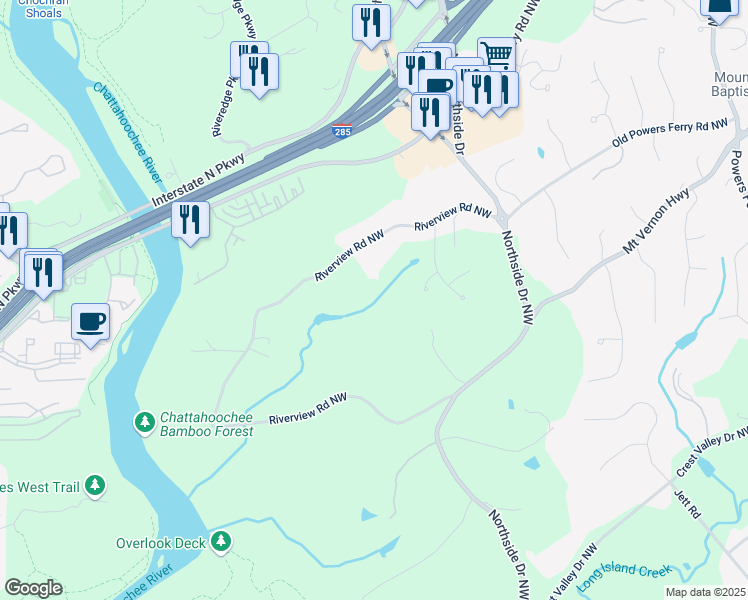 map of restaurants, bars, coffee shops, grocery stores, and more near 5205 Riverview Road Northwest in Atlanta