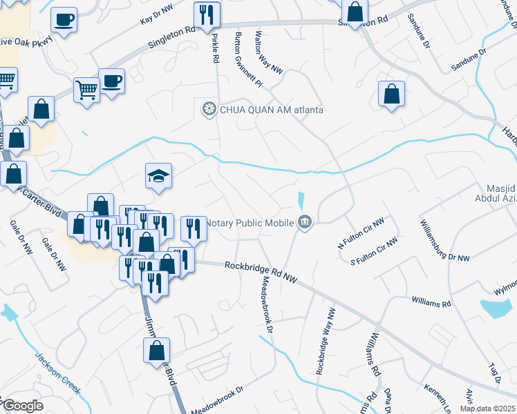 map of restaurants, bars, coffee shops, grocery stores, and more near 1174 Pirkle Road in Norcross
