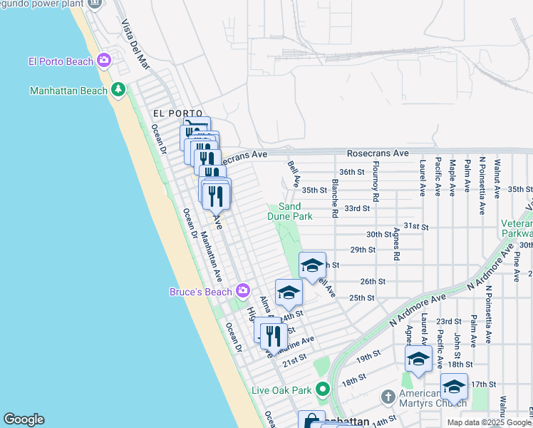 map of restaurants, bars, coffee shops, grocery stores, and more near 441 32nd Street in Manhattan Beach