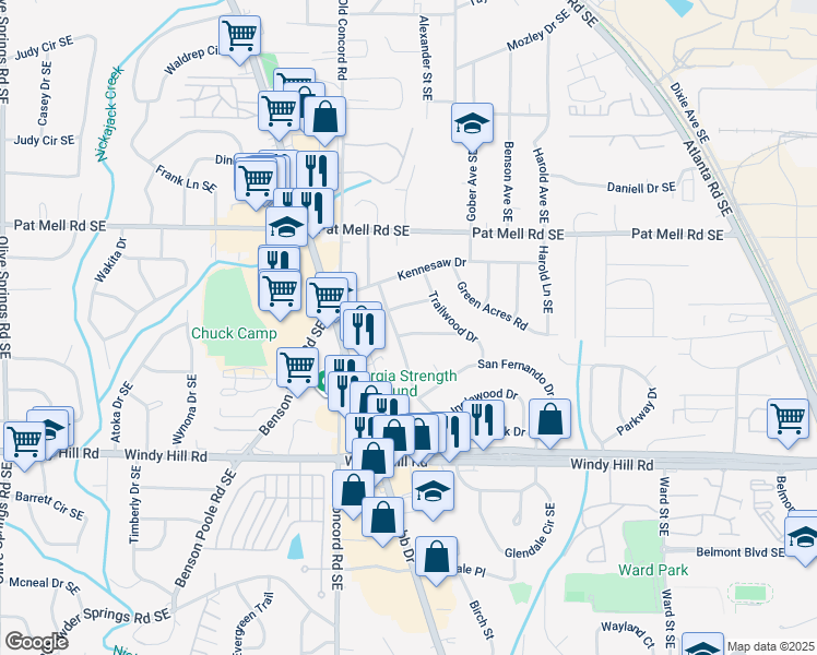 map of restaurants, bars, coffee shops, grocery stores, and more near 545 Wooddale Drive in Smyrna