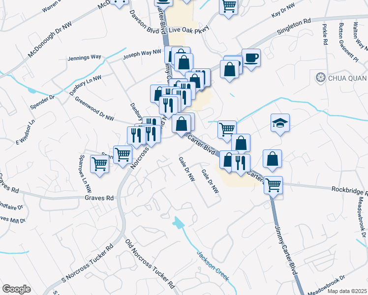 map of restaurants, bars, coffee shops, grocery stores, and more near 1386 Gale Drive Northwest in Norcross