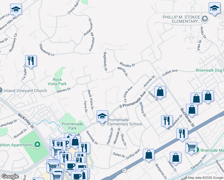 map of restaurants, bars, coffee shops, grocery stores, and more near 751 La Cumbre Street in Corona