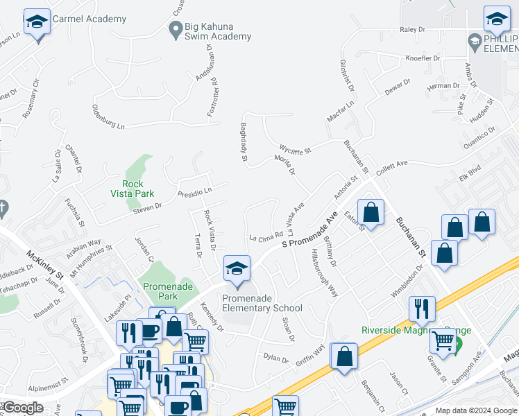 map of restaurants, bars, coffee shops, grocery stores, and more near 751 La Cumbre Street in Corona