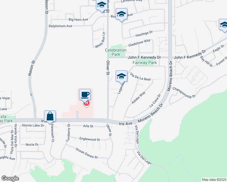 map of restaurants, bars, coffee shops, grocery stores, and more near 27554 Autumn Circle in Moreno Valley
