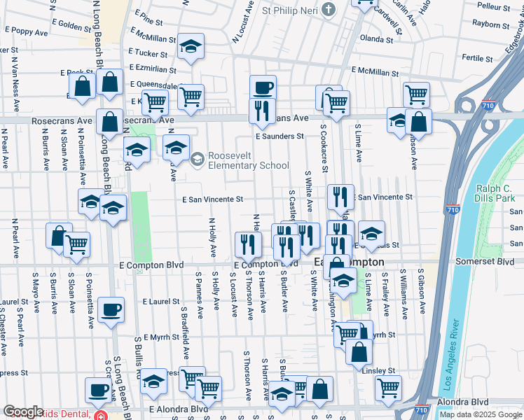map of restaurants, bars, coffee shops, grocery stores, and more near 4118 East San Mateo Street in Compton