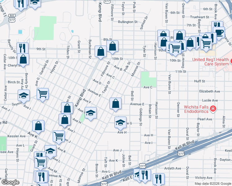 map of restaurants, bars, coffee shops, grocery stores, and more near 1402 Monroe Street in Wichita Falls