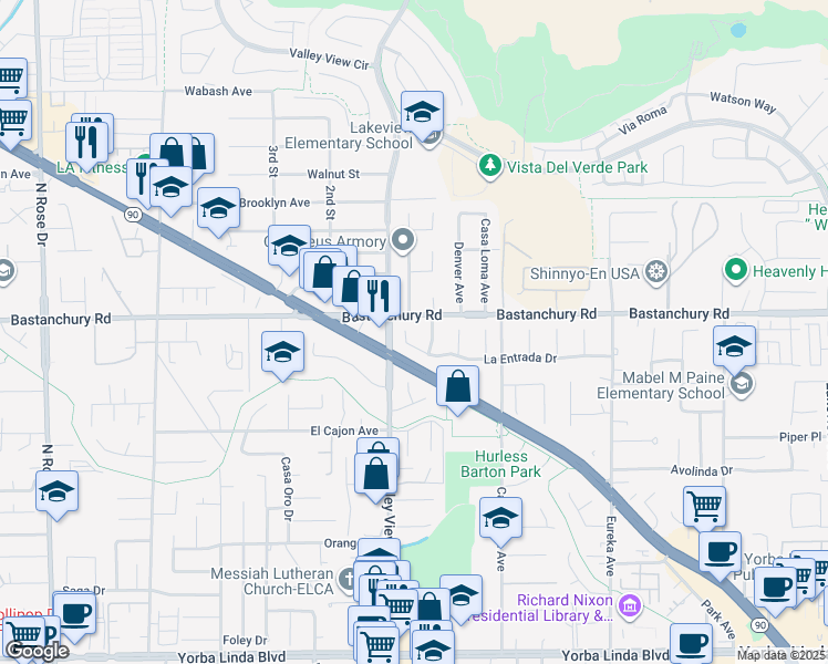 map of restaurants, bars, coffee shops, grocery stores, and more near 17511 La Entrada Drive in Yorba Linda