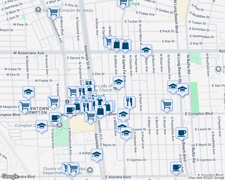 map of restaurants, bars, coffee shops, grocery stores, and more near 501 East Palmer Street in Compton