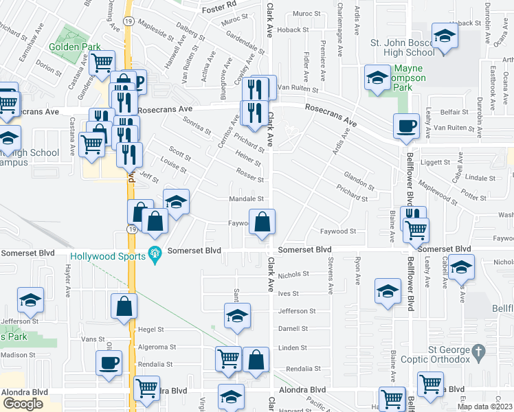 map of restaurants, bars, coffee shops, grocery stores, and more near 9320 Mandale Street in Bellflower