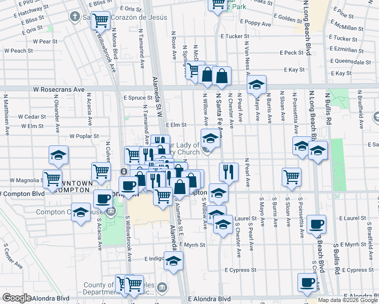 map of restaurants, bars, coffee shops, grocery stores, and more near 412 North Rose Avenue in Compton